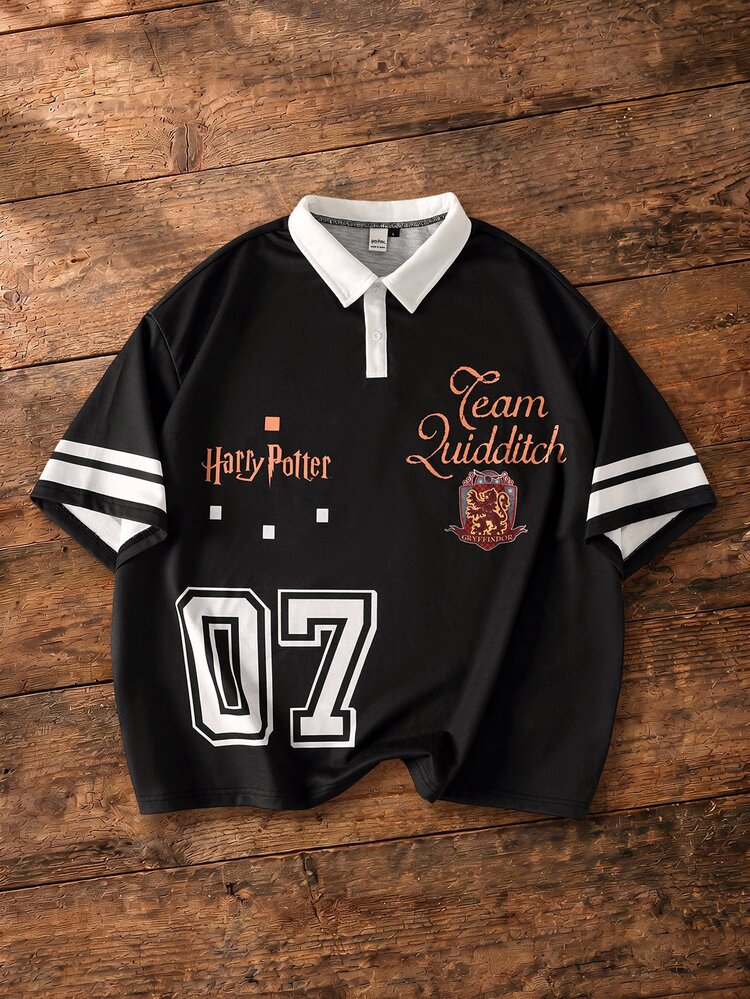 HARRY POTTER X SHEIN 男士字母印花短袖 Polo 衫 - 黑色 - 查看 1