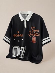 HARRY POTTER X SHEIN Men's Letter Print Short Sleeve Polo Shirt - Black - View 3