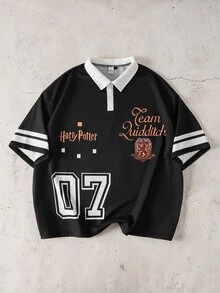 HARRY POTTER X SHEIN Men's Letter Print Short Sleeve Polo Shirt - Black - View 7