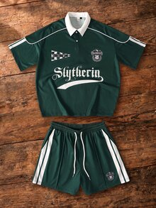 HARRY POTTER X SHEIN Men's Letter Print Short Sleeve T-Shirt And Shorts Casual Set - Army Green - View 3