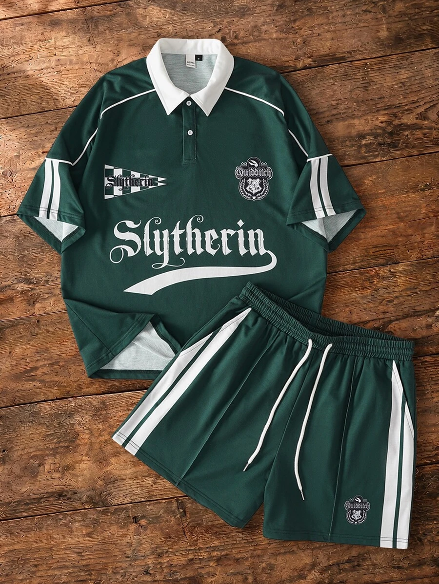 HARRY POTTER X SHEIN Men's Letter Print Short Sleeve T-Shirt And Shorts Casual Set - Army Green - View 1