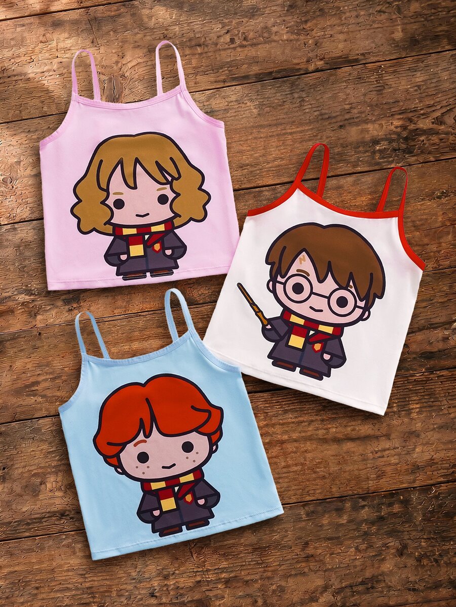 HARRY POTTER X SHEIN 3 Stücke Set süße Camisole mit großem Muster für Kleine Mädchen - Pink - Übersicht 1
