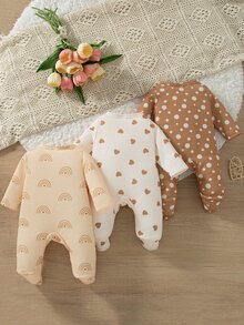 SHEIN Playful Pals 愛心印花新生兒嬰兒連身衣，彩虹卡其色連身衣，秋季款 - 彩色 - 查看 2