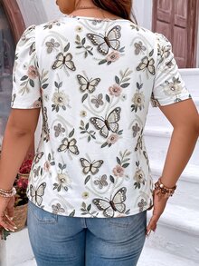 Franclia Women's Plus Size Short Sleeve T-Shirt Kawaii Cute Top Vacation Outfit Loose Floral Butterfly Print Floral White Summer Brunch Office - Multicolor - View 2