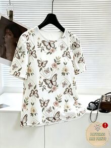 Franclia Women's Plus Size Short Sleeve T-Shirt Kawaii Cute Top Vacation Outfit Loose Floral Butterfly Print Floral White Summer Brunch Office - Multicolor - View 9