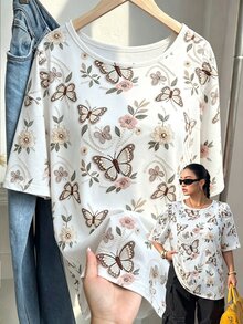 Franclia Women's Plus Size Short Sleeve T-Shirt Kawaii Cute Top Vacation Outfit Loose Floral Butterfly Print Floral White Summer Brunch Office - Multicolor - View 4