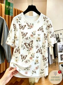 Franclia Women's Plus Size Short Sleeve T-Shirt Kawaii Cute Top Vacation Outfit Loose Floral Butterfly Print Floral White Summer Brunch Office - Multicolor - View 8