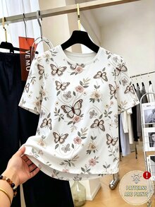Franclia Women's Plus Size Short Sleeve T-Shirt Kawaii Cute Top Vacation Outfit Loose Floral Butterfly Print Floral White Summer Brunch Office - Multicolor - View 3