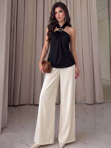 NOVVYNE Black Rhinestone Buckle Halter Top, Twisted Front Sleeveless Textured Satin Blouse For Early Summer Dating Banquet Office Night Out Sexy Elegant - Black - View 3