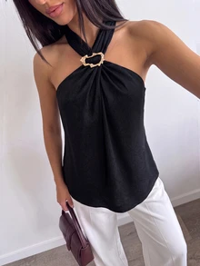 NOVVYNE Black Rhinestone Buckle Halter Top, Twisted Front Sleeveless Textured Satin Blouse For Early Summer Dating Banquet Office Night Out Sexy Elegant - Black - View 2