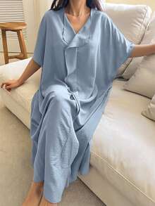 DAZY 純色寬鬆無袖長版睡裙 夏季女款居家休閒洋裝睡衣 - 淺藍色 - 查看 4