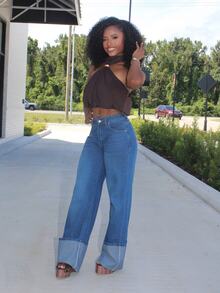 Steph T Women's High Waist Pocketed Wide Leg Loose Casual Versatile Jeans, Tall Women - Blue - View 6