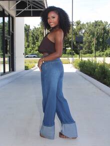 Steph T Women's High Waist Pocketed Wide Leg Loose Casual Versatile Jeans, Tall Women - Blue - View 5