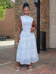 Steph T Women's Elegant Solid Color Collared Top And A-Line Floral Skirt 2-Piece Set, Summer,Wedding Guest Dress Women - Blue - View 1