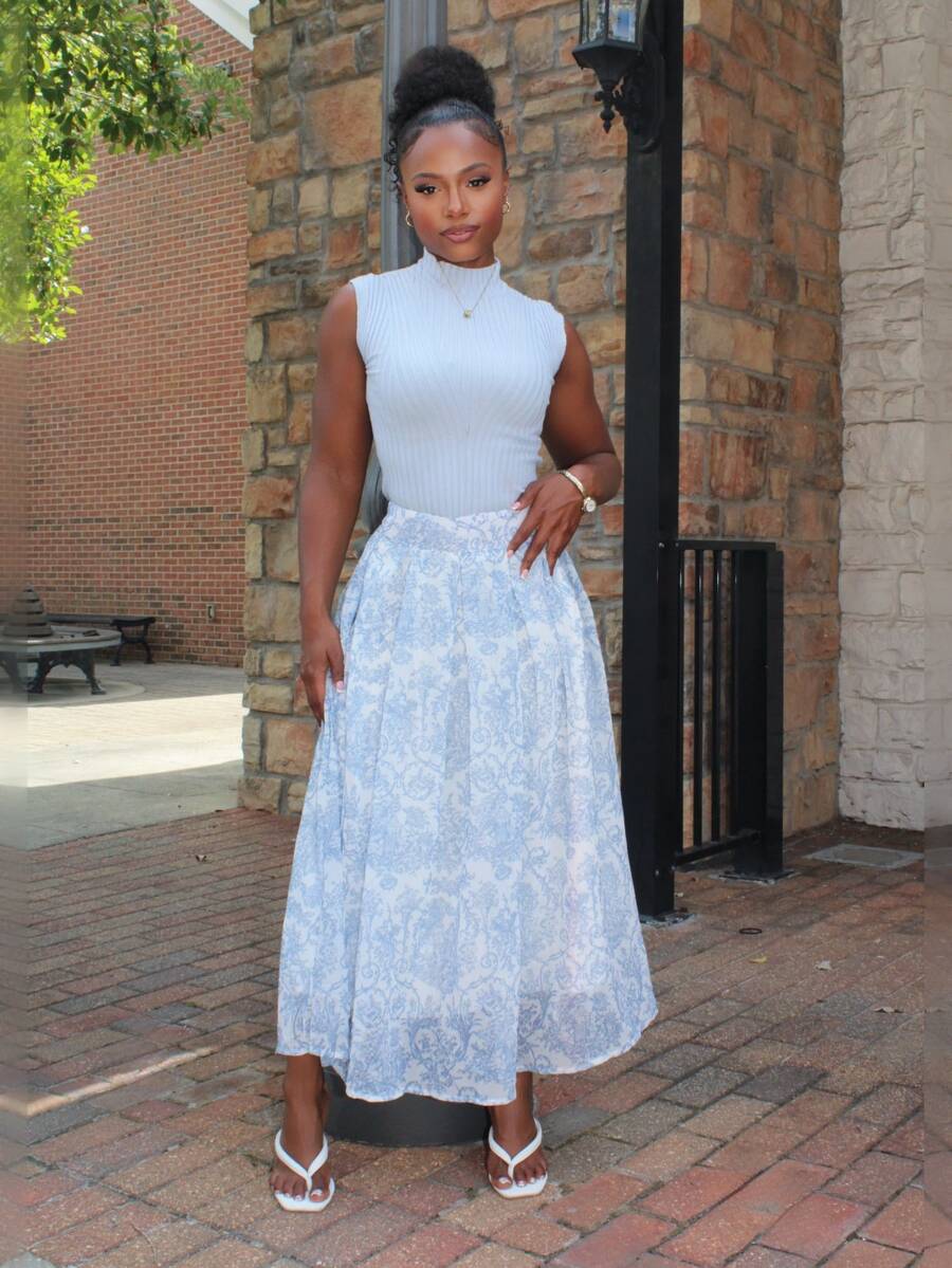 Steph T Women's Elegant Solid Color Collared Top And A-Line Floral Skirt 2-Piece Set, Summer,Wedding Guest Dress Women - Blue - View 1