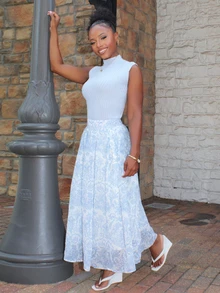 Steph T Women's Elegant Solid Color Collared Top And A-Line Floral Skirt 2-Piece Set, Summer,Wedding Guest Dress Women - Blue - View 5