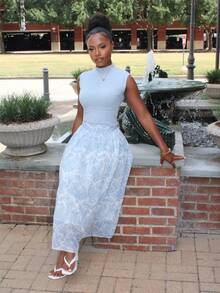 Steph T Women's Elegant Solid Color Collared Top And A-Line Floral Skirt 2-Piece Set, Summer,Wedding Guest Dress Women - Blue - View 6