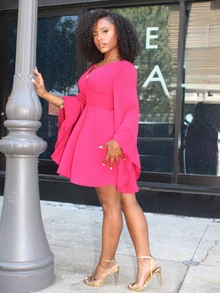 Steph T Women's Elegant Commuter Solid Color Bell Sleeve Mini Dress - Burgundy - View 6