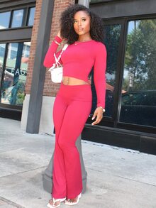 Steph T Women's Solid Color Fitted Long Sleeve Top And Pants Casual 2 Pieces Set - Burgundy - View 6