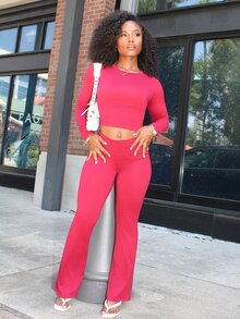 Steph T Women's Solid Color Fitted Long Sleeve Top And Pants Casual 2 Pieces Set - Burgundy - View 5