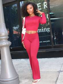 Steph T Women's Solid Color Fitted Long Sleeve Top And Pants Casual 2 Pieces Set - Burgundy - View 1