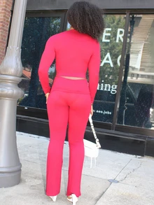 Steph T Women's Solid Color Fitted Long Sleeve Top And Pants Casual 2 Pieces Set - Burgundy - View 2