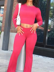 Steph T Women's Solid Color Fitted Long Sleeve Top And Pants Casual 2 Pieces Set - Burgundy - View 3