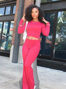 Steph T Women's Solid Color Fitted Long Sleeve Top And Pants Casual 2 Pieces Set - Burgundy - View 4