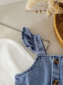 SHEIN 2 Piece/Set Baby Girl Spring Fall White & Blue Color Block Fresh Sweet Style Bow Embroidery Denim Overalls With Ribbed Long Sleeve Top Outfit Loose Co - White - View 5