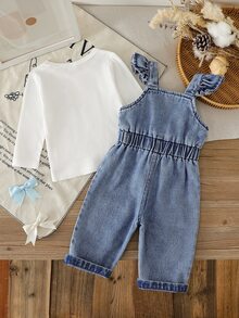 SHEIN 2 Piece/Set Baby Girl Spring Fall White & Blue Color Block Fresh Sweet Style Bow Embroidery Denim Overalls With Ribbed Long Sleeve Top Outfit Loose Co - White - View 2
