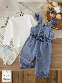 SHEIN 2 Piece/Set Baby Girl Spring Fall White & Blue Color Block Fresh Sweet Style Bow Embroidery Denim Overalls With Ribbed Long Sleeve Top Outfit Loose Co - White - View 3