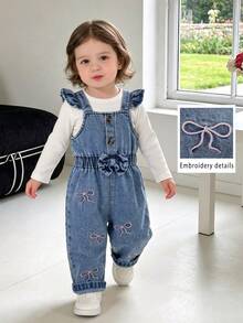 SHEIN 2 Piece/Set Baby Girl Spring Fall White & Blue Color Block Fresh Sweet Style Bow Embroidery Denim Overalls With Ribbed Long Sleeve Top Outfit Loose Co - White - View 1