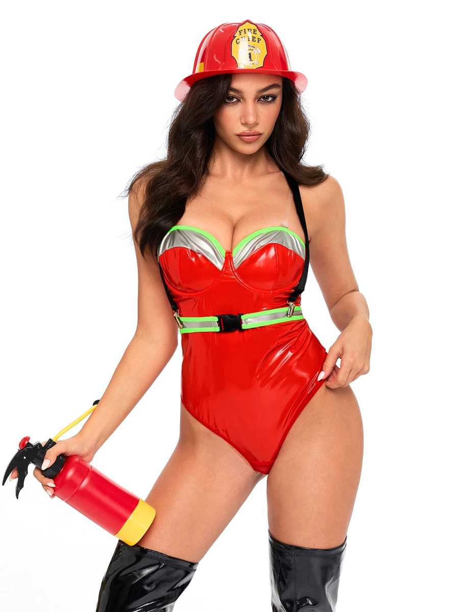 ROMWE Anime Halloween Sexy Firefighter Costume For Women, 3 Pieces - Multicolor - View 1