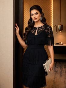 Auveirra Plus Size Elegant Party Lace Patchwork Tassel 2 Pieces Set Fall - Black - View 9