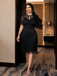 Auveirra Plus Size Elegant Party Lace Patchwork Tassel 2 Pieces Set Fall - Black - View 6