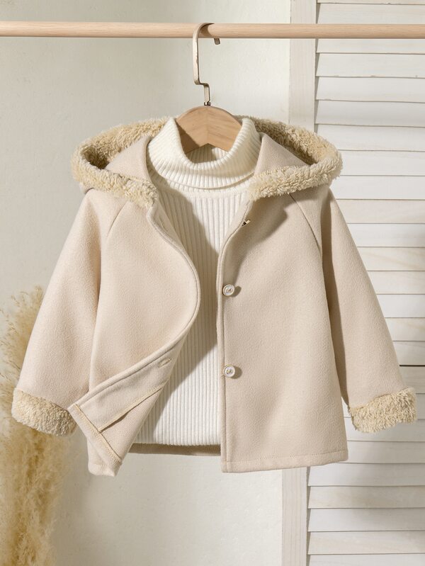 SHEIN Playful Pals 女嬰秋冬鈕扣拼接連帽時尚百搭長袖新款毛呢大衣