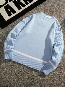 Manfinity CasualKnits 男士字母圖案條紋飾邊針織衫 - 淺藍色 - 查看 2