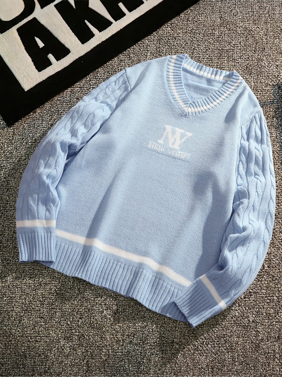 Manfinity CasualKnits 男士字母圖案條紋飾邊針織衫 - 淺藍色 - 查看 1