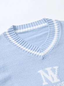 Manfinity CasualKnits 男士字母圖案條紋飾邊針織衫 - 淺藍色 - 查看 6
