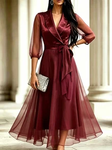 SHEIN 女款優雅時尚A字領口收腰洋裝，適合婚禮晚宴，酒紅色，秋季款 - 酒紅色 - 查看 2