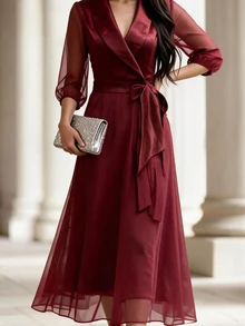 SHEIN 女款優雅時尚A字領口收腰洋裝，適合婚禮晚宴，酒紅色，秋季款 - 酒紅色 - 查看 5