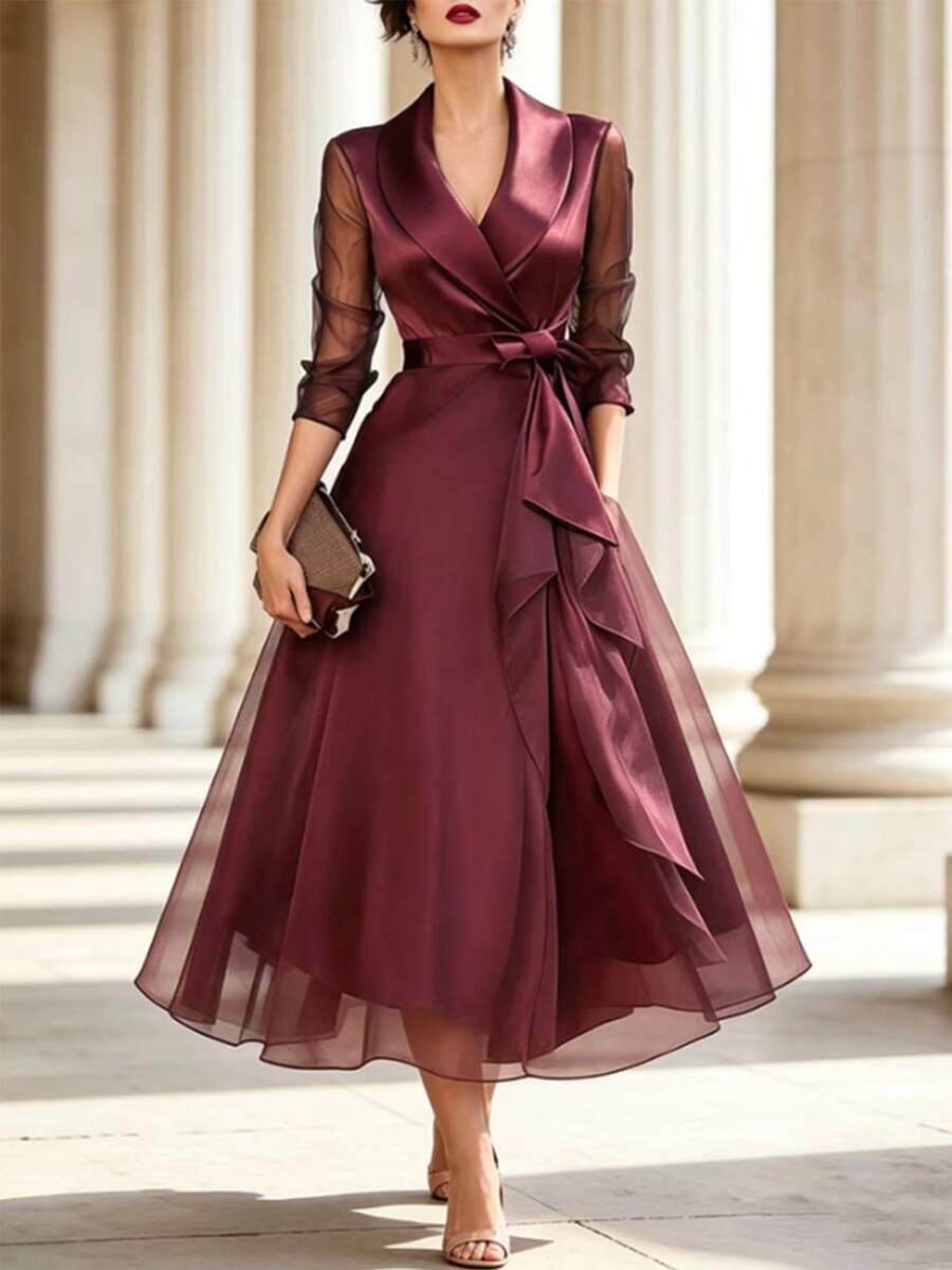 SHEIN 女款優雅時尚A字領口收腰洋裝,適合婚禮晚宴,酒紅色,秋季款 - 酒紅色 - 查看 1