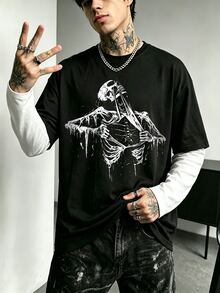 Manfinity Dauomo 破舊撕裂骷髏殭屍短袖T恤，深色墨水噴濺滴落恐怖印花哥德風美式街頭服飾上衣，男女款，滴落液體紋理增添腐朽驚悚氛圍；黑白高對比印花，獨特設計，支持假分層效果，哥德與龐克愛好者的首選，適合萬聖節與日常街頭穿搭 - 黑色 - 查看 5