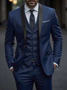 Manfinity Mode Men's Casual Gentleman Suit, Fashionable British Style Essential For Work And Leisure Classy Clothes Navy Blue 2 Piece Dress Wear Wedding Suit, Formal - Navy Blue - View 6