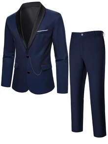 Manfinity Mode Men's Casual Gentleman Suit, Fashionable British Style Essential For Work And Leisure Classy Clothes Navy Blue 2 Piece Dress Wear Wedding Suit, Formal - Navy Blue - View 3