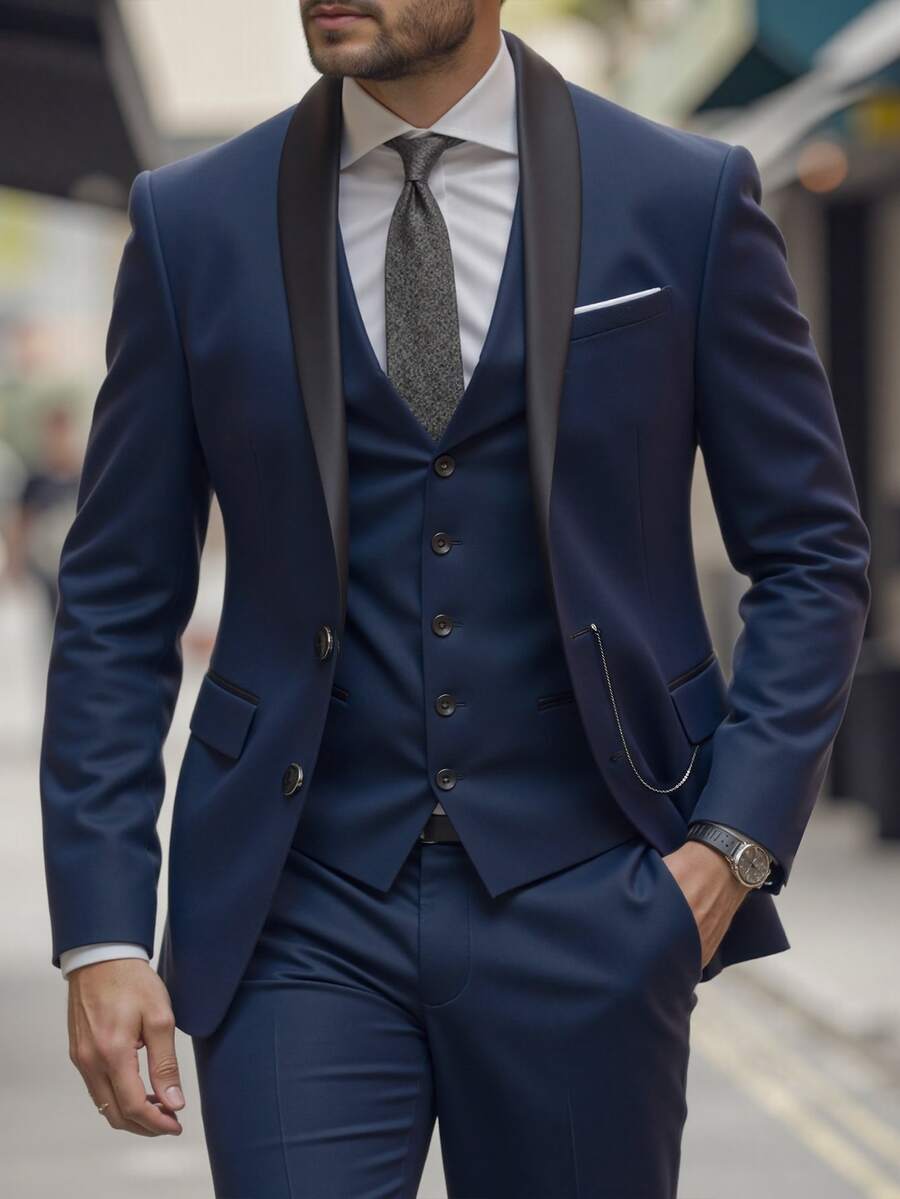 Manfinity Mode Men's Casual Gentleman Suit, Fashionable British Style Essential For Work And Leisure Classy Clothes Navy Blue 2 Piece Dress Wear Wedding Suit, Formal - Navy Blue - View 1