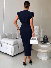 Lavishia Women's High-Quality Elegant Mid-Length Dress With Wide Shoulders, Suitable For Parties, Outings, And Commuting - Blue - View 2