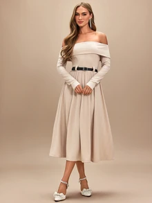 Amorya Gaun Pendek Wanita Elegan Warna Polos dengan Model Bahu Terbuka - Khaki - View 8