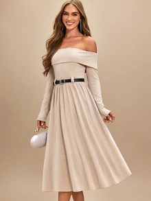 Amorya Gaun Pendek Wanita Elegan Warna Polos dengan Model Bahu Terbuka - Khaki - View 1