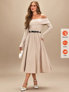 Amorya Gaun Pendek Wanita Elegan Warna Polos dengan Model Bahu Terbuka - Khaki - View 5